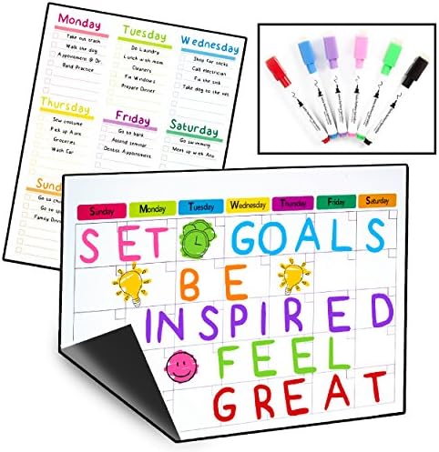 2 Magnetic Dry Erase Calendars for Refrigerator & 6 Colored Markers/Stay on Track with Your Fridge Whiteboards/Complete Set (1 Monthly, 1 Weekly and 6 Markers)