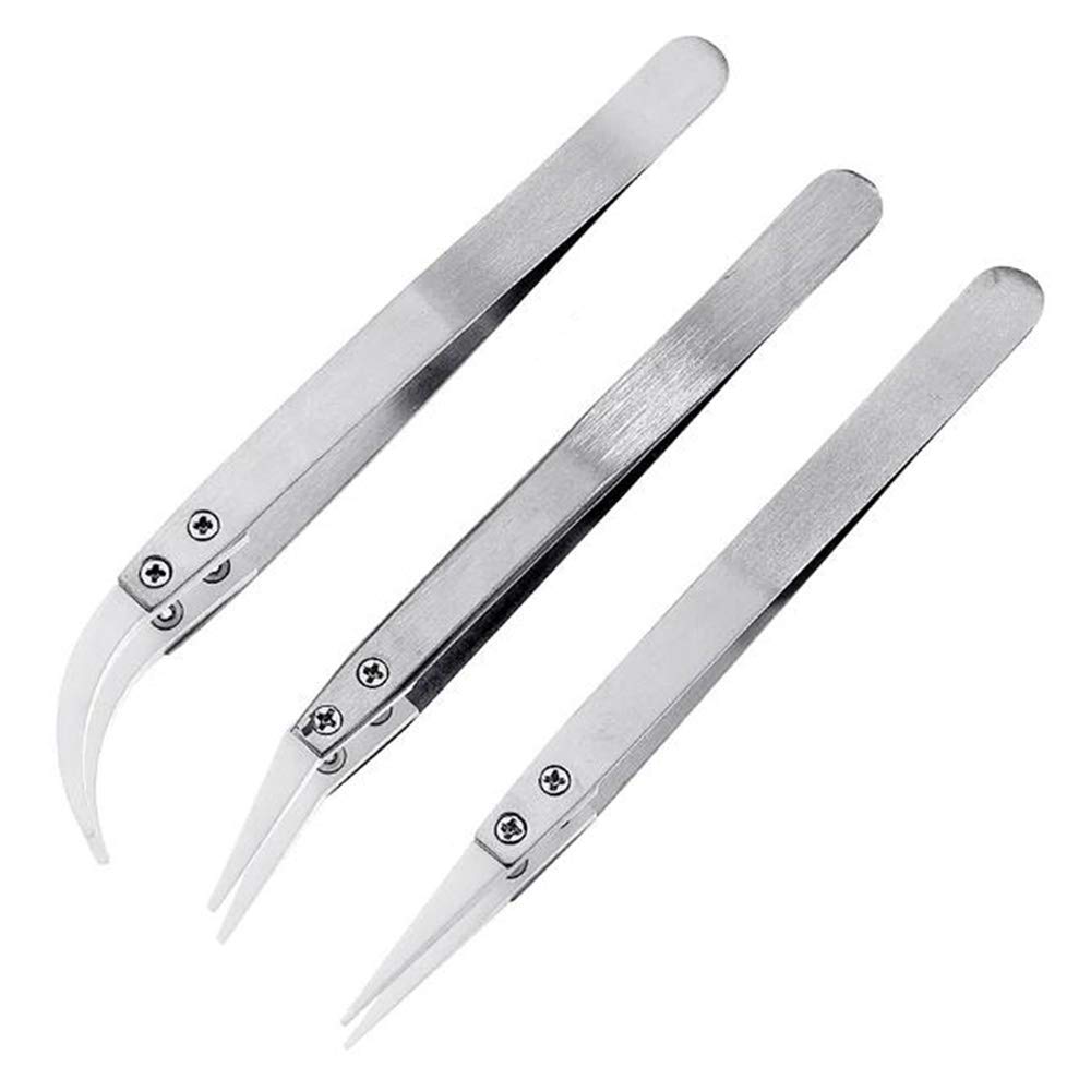Ceramic Tweezers Set, Bestgle 3pcs Precision Stainless Steel Antistatic Tweezers Kit for Electronics, Jewelry-Making and Laboratory Work - Sliver