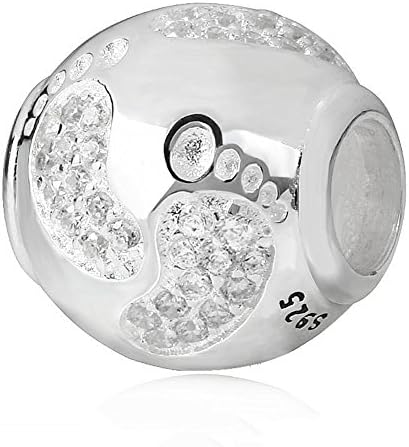 Choruslove Shining Newborn Baby Footprint Charm with Clear CZ Bead for 3mm Bracelet