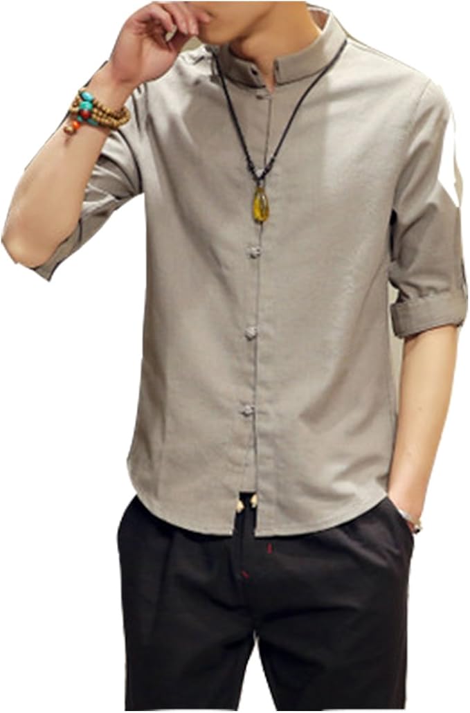Amazon 夏服 メンズ 無地 リネン シャツ 夏 青春 おしゃれ スタンド