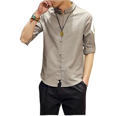 Amazon 夏服 メンズ 無地 リネン シャツ 夏 青春 おしゃれ スタンド