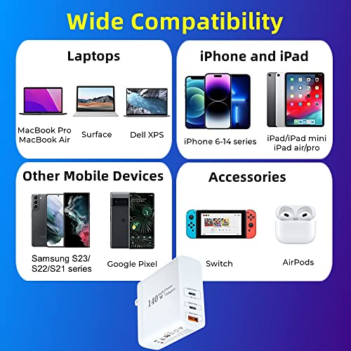 USB C Charger,140W GaN Ⅲ Fast Charger 3 Ports PD3.1 QC4.0 PPS Foldable Wall Charger for Laptop/Phone,Compatible w/MacBook Pro/Air, iPad, iPhone,Pixelbook,ThinkPad,Dell XPS,Galaxy, Balxo
