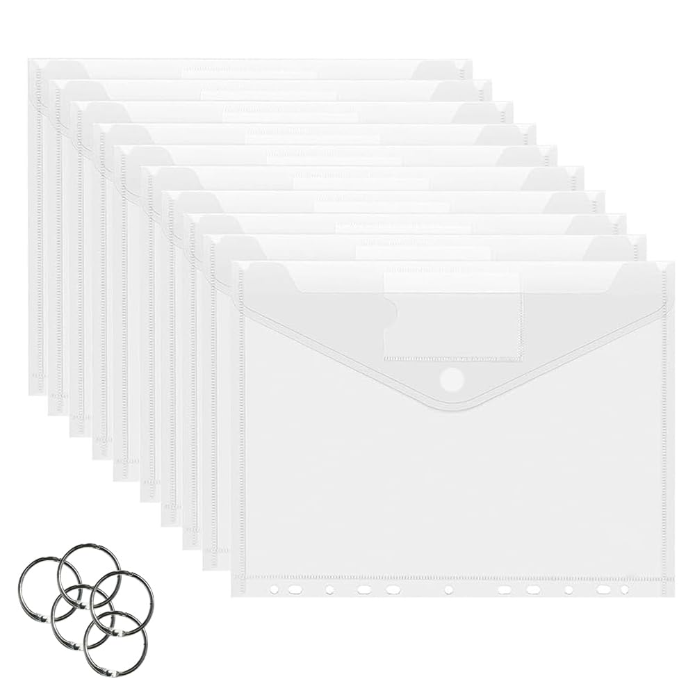 HIQE-FL 20 Pcs Clear Plastic Wallets A4 Punched,A4 Document Popper Wallets,Popper Wallet Plastic Folders Document,Home,Office,School,Travel