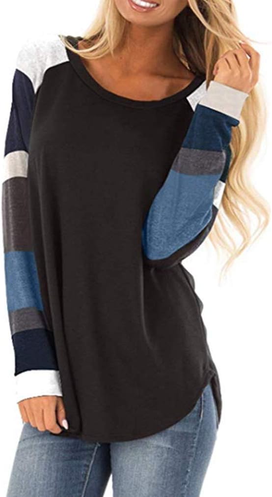 Womens Crewneck Color Block Long Sleeve Pullover Tops Loose Lightweight Tunic Blouse