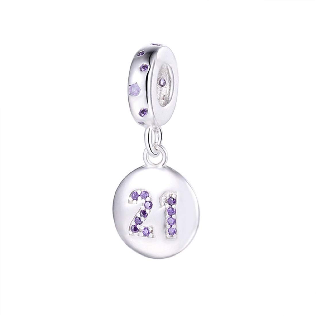 FeatherWish Celebration Happy Birthday 925 Sterling Silver Dangle Pendant Charm With Cubic Zirconia Compatible With Pandora Bracelet Or Necklace 16 18 21 30 40 (21st Lilac)