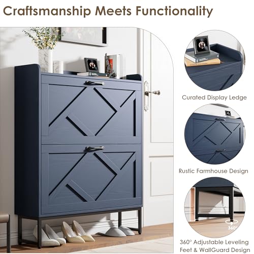 Nicetree Shoe Cabinet with 2 Flip Drawers, Narrow Shoe Storage Cabinet with Metal Legs, Freestanding Slim Shoe Organizer Cabinet for Entryway, Hallway, Foyer, Blue