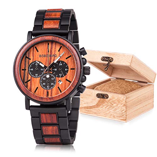 Mens Wooden Watches Analog Quartz Wood&Steel Band Wrist Watch for Men with Gift Box