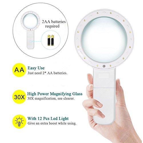 30X High Power Handheld Magnifying Glass with Led Light, Double Glass Lens Jumbo illuminated Magnifier Glasses for Reading, Soldering, Inspection, Coins, Jewelry, perfect for Macular Degeneration