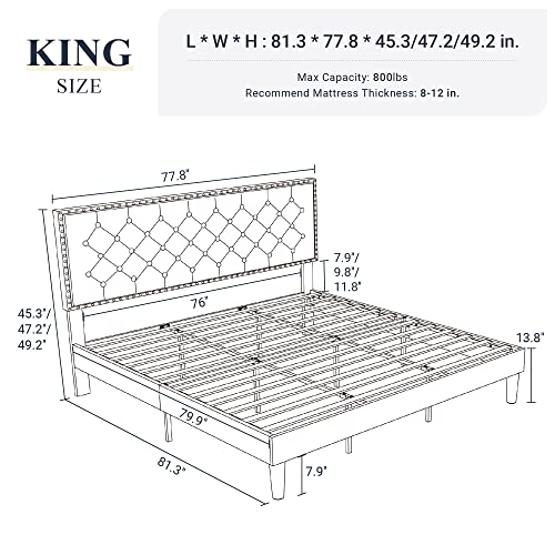 Allewie King Size Bed Frame, Velvet Upholstered Platform Bed with