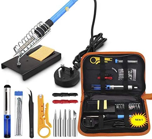 Soldering Iron Kit with Solder,60W Soldering-Iron Kit with 5 Soldering Tips,Iron Stand,Tweezers, Desoldering Pump,Tin Wire Tube Wire Stripper Cutter and 2 Wires