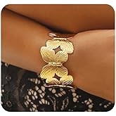 Chunky Gold Flower Texture Petals Open Cuff Bracelet for Women,Dainty Bohemian Butterfly Statement Bracelet,Trendy Party Banquet Jewelry Accessories Gifts