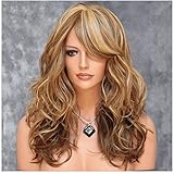 Imcolorful Sexy Big Wave Inclined Bang Wig Curly Brown Hair Mixed Color Highlights Fluffy Air Volume