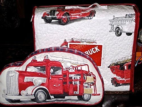 red truck FIRE ENGINES / FIRE TRUCKS 4-pc FULL / QUEEN QUILT SET (set includes matching shams & pillow) pictured on front of bed