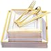 IOOOOO 120 Pieces Clear Gold Plastic Square Plates with Disposable Silverware, Disposable Plastic Dinnerware Include: 24 Dinner Plates 9.5