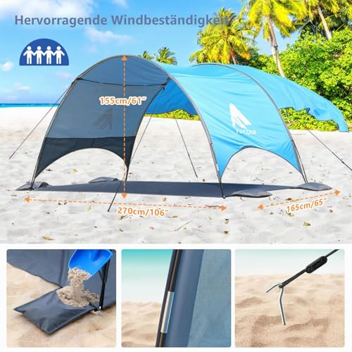 Beach Shelter with UV Protection UPF 50+ - Portable Beach Canopy & Sun Protection for Beach, 360° Ventilation, 4 Sandbags, Double Pockets, Pegs & Ropes (270 x 165 x 158 cm + 190 x 250 cm)