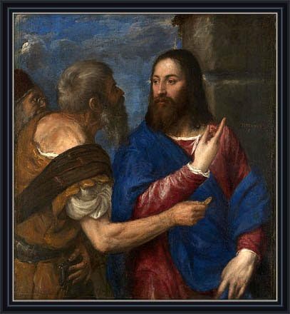 Titian (The Tribute Money, c.1560/68) Canvas Art Print Reproduction Framed with 2.6" wide Black Frame and Gold Edge (28x25.7 in) (71x65 cm)