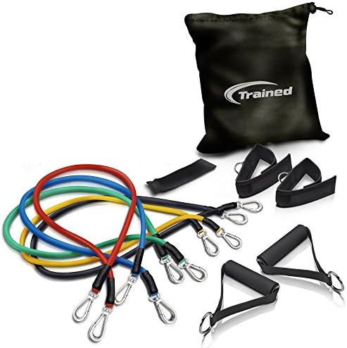 RESISTANCE BAND Set By Trained with Door Anchor, Ebook Workout Routines Delivered By Email, Ankle Strap, Exercise Chart,Great For Crossfit, Men and Women, Comes With Carrying Bag.