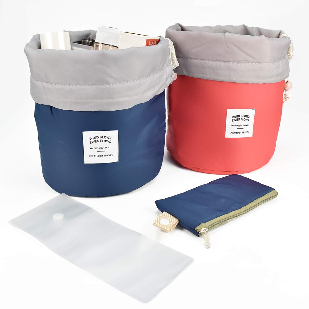 DKAF 2 Packs Barrel Shaped Makeup Bags, Multifunctional Waterproof Soft Cosmetic Bags Make up Organizer, Collapsible Portable Bucket Toiletry Bag(Red and Blue)
