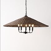 SAFAVIEH Lighting Collection – Palmera Natural Rattan & Black 5-Light Adjustable Pendant Chandelier, LED Bulbs Included, Dini