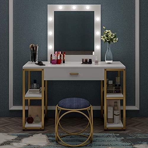Tribesigns Gold Vanity Table with Lighted Mirror, White Makeup Dressing