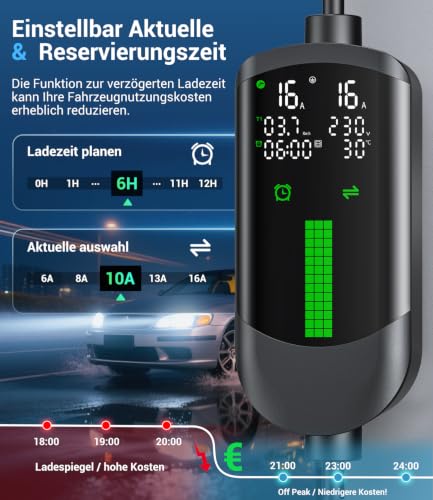 Type 2 Charging Cable Schuko 3.7 kW - 7 m | 6-16 A | 1-Phase Portable Charging Cable Car, Adjustable Charging Power, Setting Start Time, LCD Display, IP65 Waterproof, for All EVs (IEC 62196-2) & PHEVS