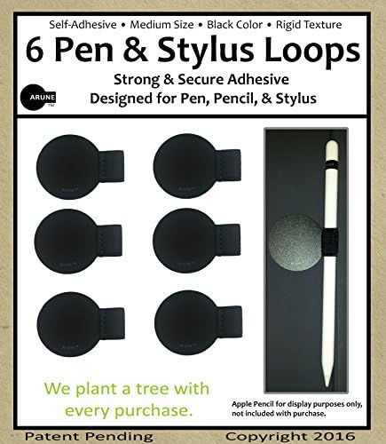 6x Arune Pen &amp; Stylus Loop - Black, Rigid, Medium - SECURE hold - Fits Apple Pencil, Moleskine, journals, planners sketchbooks, standard sized instruments