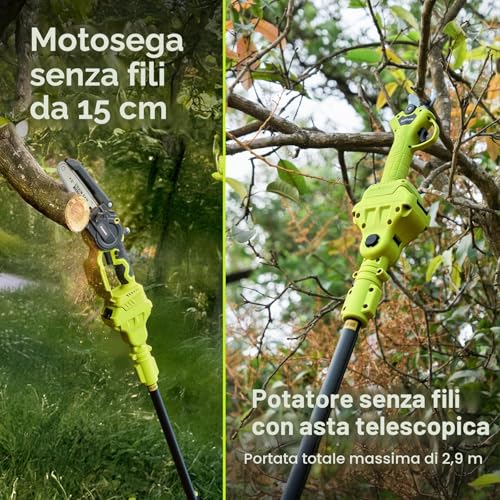 Supstable 6 Inch & 33 mm Telescopic Cordless Chainsaw with Battery, 4 in 1 Chainsaw and Scissors Kit with 8000 mAh Batteries, 4.8 m Telescopic Pole, Toolless Chain Adjustment