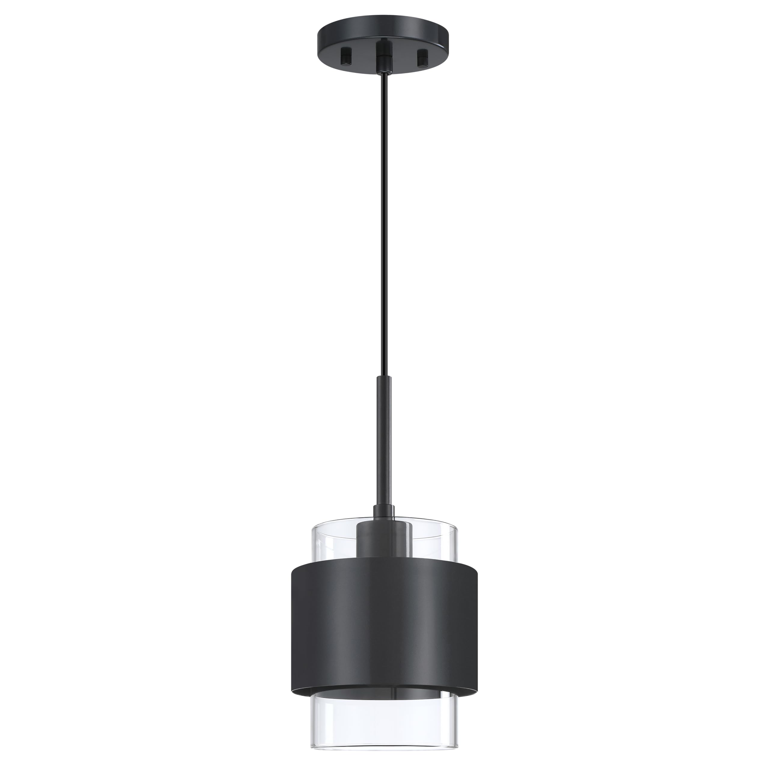 Photo 1 of 1 Light Hanging Indoor Kitchen Island 5.52" Drum Clear Glass Shade Pendant Ceiling Light Fixtures,Black Finish Modern Farmhouse Over Sink Hallway