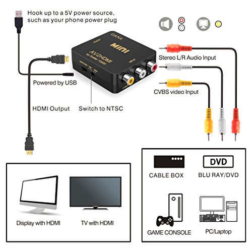 RCA-to-HDMI-AV-to-HDMIGANA-1080P-Mini-RCA-Composite-CVBS-AV-to-HDMI-Video-Audio-Converter-Adapter-Supporting-PALNTSC-with-USB-Charge-Cable-for-PC-Laptop-Xbox-PS4-PS3-TV-STB-VHS-VCR-Camera-DVD