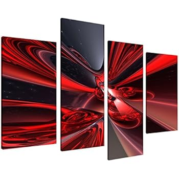 Large Red Black Abstract Canvas Wall Art Pictures - Modern Split Set of 4 Prints - Big Contemporary Multi Panel - XL - 130cm Wide