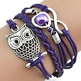 RIUDA Fashion Women Lovely Infinity Owl Pearl Friendship Multilayer Charm Leather Bracelets Gift (Purple )
