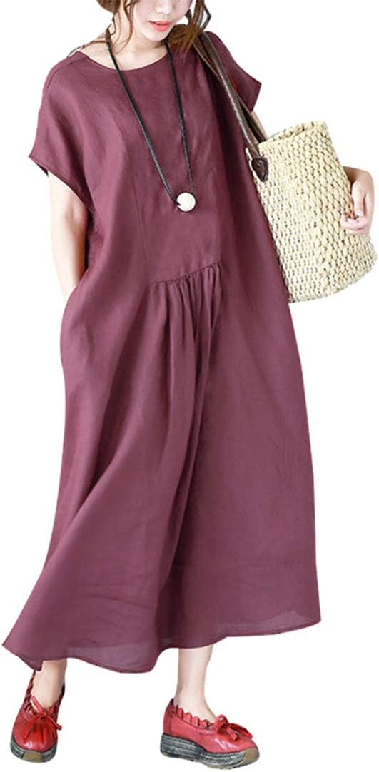 BUYKUD Women Linen Short Sleeve Casual Loose Shift Dress with Pockets (Red)