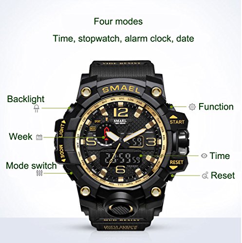 KXAITO Men's Watches Sports Outdoor Waterproof Military Watch Date Multi Function Tactics LED Alarm Stopwatch (Gold) - Thumbnail 5