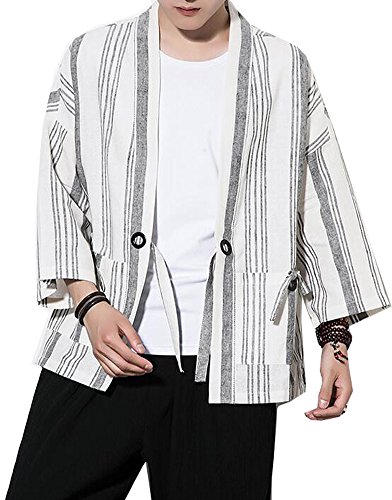 Men's Cotton Linen Retro Striped Kimono Cardigan Cloak Jacket 2XL (White Striped, Large) - Thumbnail 3