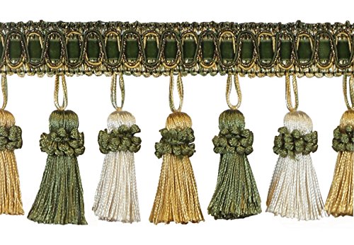 DecoPro Elegant 3 Inch Long Vintage Olive Green, Light Gold, White Tassel Fringe - Olive Garden 010 (Sold by The Yard)