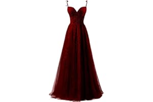 YUAOHUANG Lace Applique Tulle Prom Dresses for Women 2025 Spaghetti Straps Ball Gown Formal Evening Party Gown with Slit