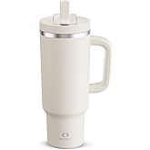 ENCOOL 40 oz Tumbler with Handle and Straw: Stainless Steel Insulated Tumbler Keeps Cold for 24 Hours, Leakproof Travel Cup Fits in Cup Holder and BPA-Free, Cream Moon
