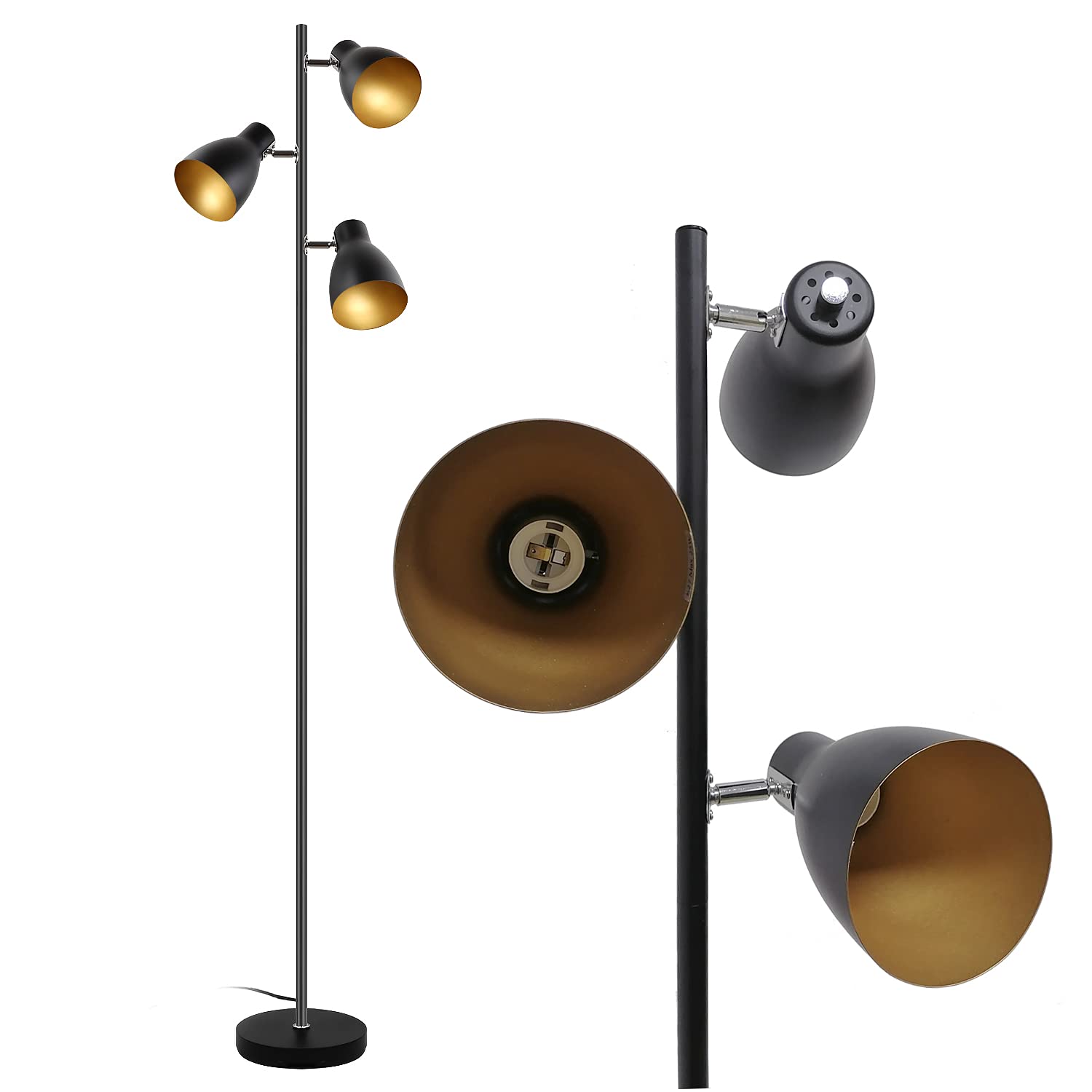 Osasy Tree Adjustable Floor Lamp, Retro Metal Black/Gold, E27 Socket Max. 25 W, 3 Lights, 166 cm Spotlight Floor Lamp Industrial for Reading Living Room Bedroom Office