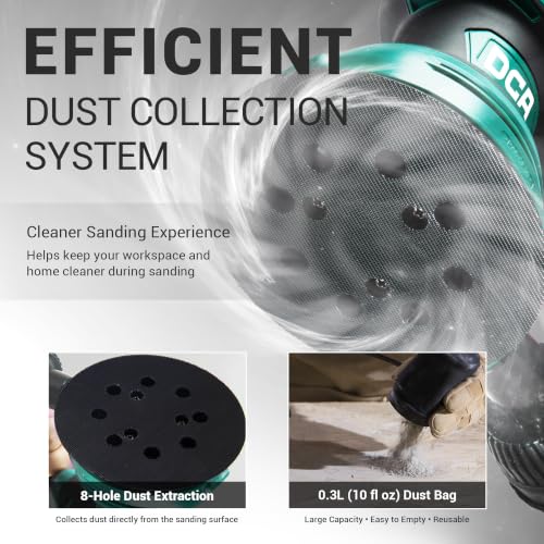 DCA Random Orbital Sander, 300W Electric Sander for Wood, 125mm 12000 OPM | Hand Sander with Dust Collector, 6 Variable Speeds, 10 Pcs Sandpapers for Woodworking Sanding DIY Polishing Home Improvements