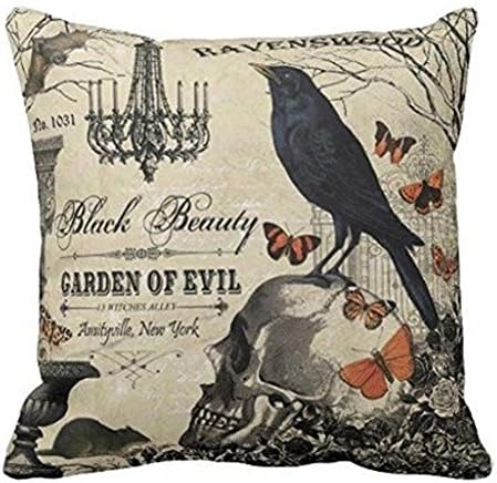 Toplano Vintage Halloween Pumpkin and Crow Cotton Linen Throw Pillow Case Cushion Cover Pillowslip 18" X 18" Halloween Decorative (GARDEN OF EVIL)