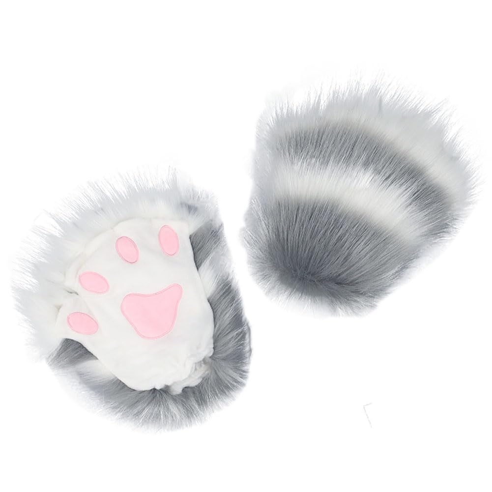 ILUFAM Cat Paw Gloves - Fluffy Animal Paws Faux Fur Half Finger Gloves (Grey)