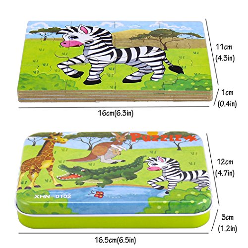 Wooden Jigsaw Puzzles Toys, Free Iron Box for Easy Storage,Pack of 4 with Varying Degree of Difficulty Tool Best for Toddlers 3-5 Years Boys & Girls to Develop Dexterity and Problem Solving