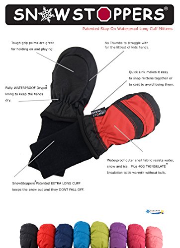 SnowStoppers Kid's Waterproof Stay On Winter Nylon Mittens Extra Small / 6-18 Months Black/Red - Thumbnail 3