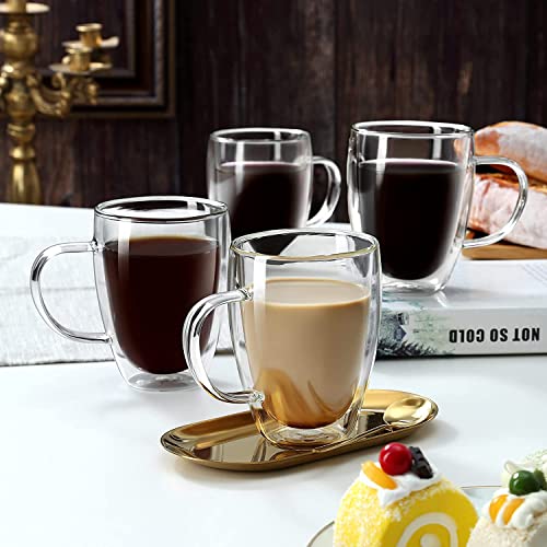 Taza para Cafe Doble pared Vidrio 350 ml (4 Piezas),Tazas para Cafe Espresso con Asa,Vasos pared Vidrio Transparentes para Capuchino,Café Expreso,Té,Ideales para Regalo