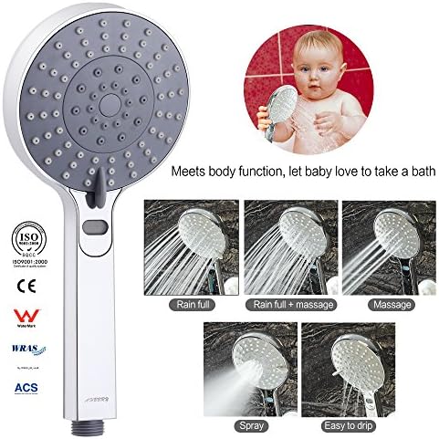 LED Thermometer Handheld Shower Head, Ahbbry Chrome 5 Setting Functions Shower Head, Water Powered Light to Display Flow and Temperature, Special for Skin Health, Child and Pet Shower,Shower Accessory
