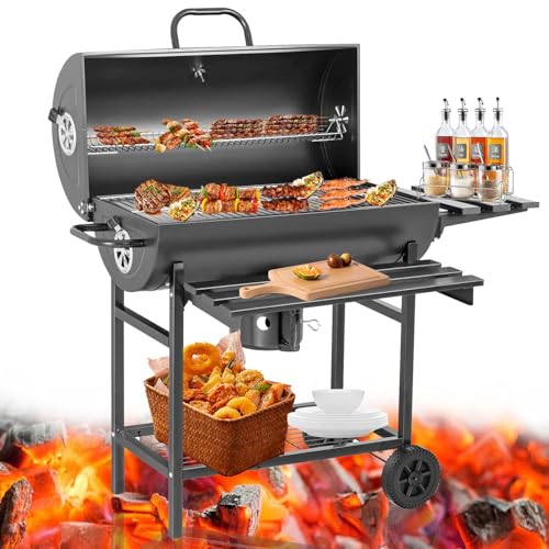 Asador de Carbon Portatil con Ruedas,Sador de Carbon Con Tapa y Doble Nivel,Parrilla Asador de Carbón con Mesa Frontal Lateral,Parrilla de Carbón Premium,Gran Capacidad,para Jardín,Patio