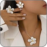 CIWEAI White Flowers Statement Jewelry Sets for Women Dainty Gold Vintage Floral Choker Necklaces Metal Petal Stud Earrings Open Knuckle Rings Accessories