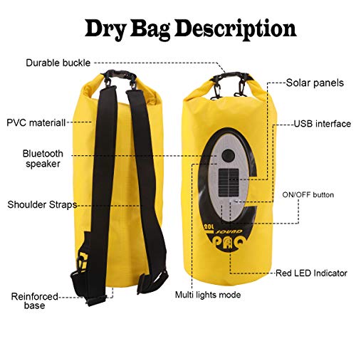 Waterproof Dry Bag Bluetooth Speaker - Upgrade Outdoor 20L Dry Bag Waterproof Bag with Solar Light Adjustable Strap Kayak Accessories Roll Top Sack for Floating, Rafting, Boating, Canoeing, Camping