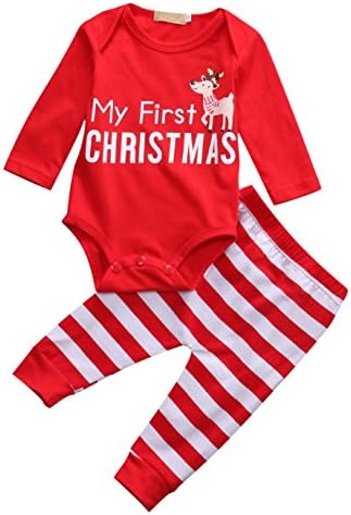 Baby Girls Outfits Newborn Red My First Christmas Letters Deer Long Sleeve Tops T-shirt Pants Hat 2PCS Outfits Set 18 Months