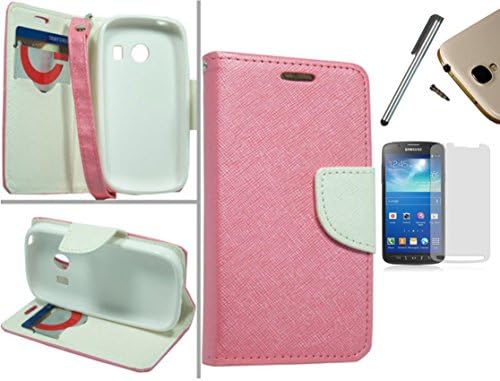 For Samsung Galaxy Ace Style S765C (Straight Talk Net10 TracFone) PU Leather Flip Cover Folio Book Style Pouch Card Slot Myjacket Wallet Case + [WORLD ACC] TM Brand LCD Screen Protector + Silver Stylus Pen + Black Dust Cap Free Gift (PU Leather Wallet Hot Pink / White)